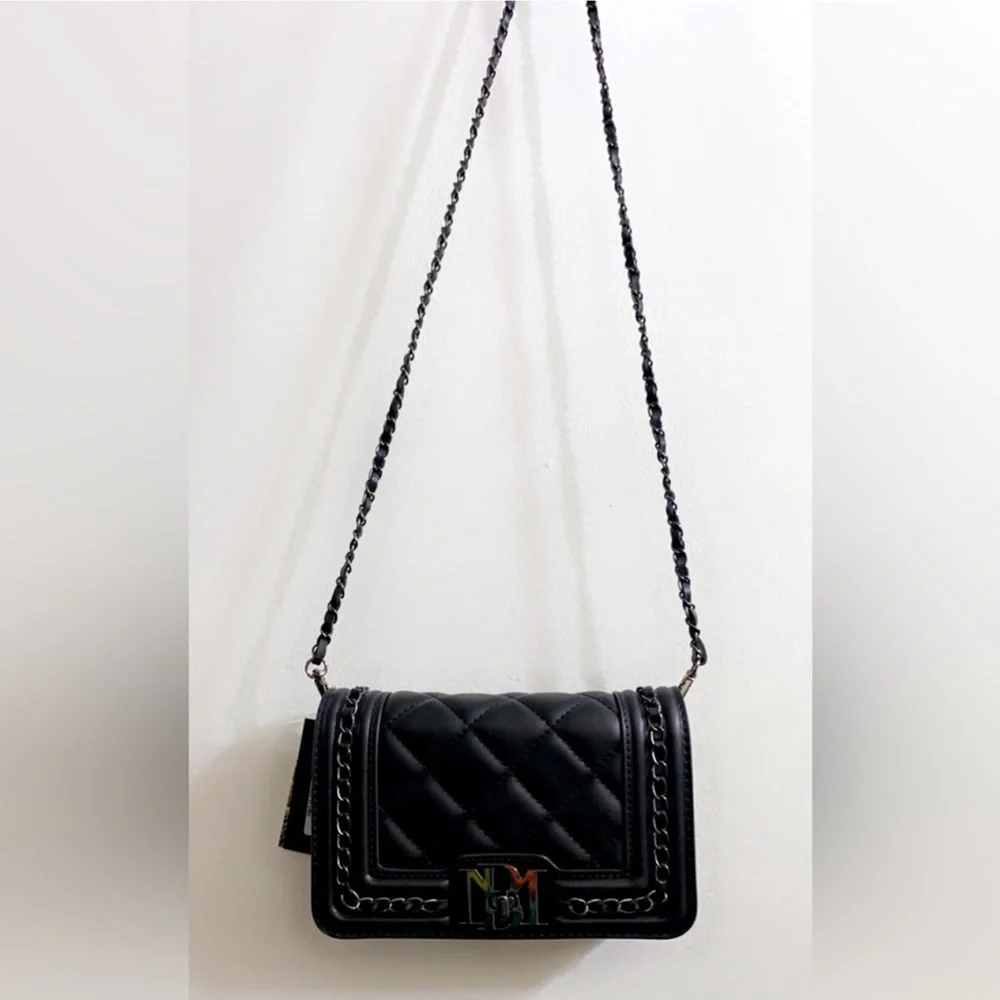 Badgley Mischka Black Vegan Leather Quilted Front Crossbody Bag on Chain Strap.
